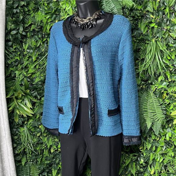 Y2K BANDOLINO Sweater Women Medium Teal Blue Knit Cardigan Ribbon Lace 2076 - Picture 3 of 8